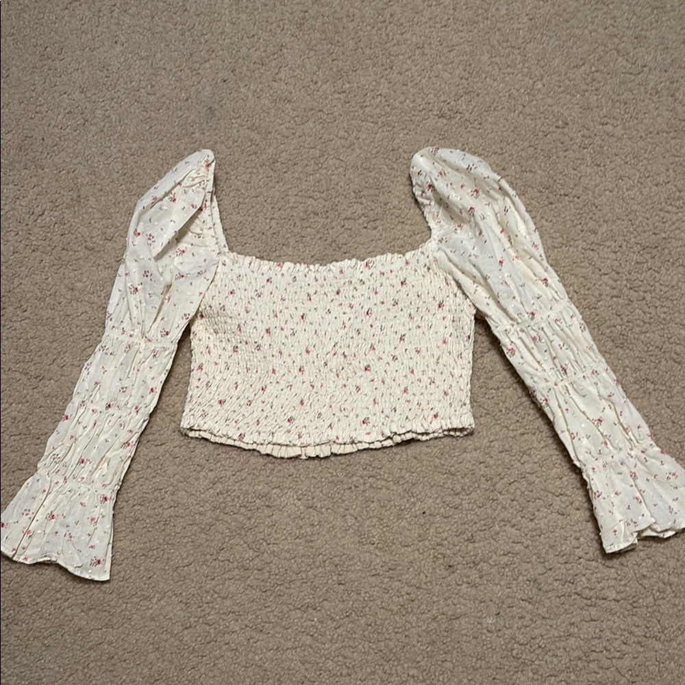 Floral Smocked Puff Sleeve Top - Cream